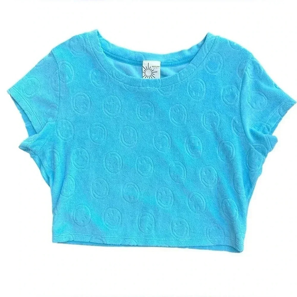 OFFLINE by Aerie Terrycloth Cropped Shirt Smiley Pattern Teal/blue Size Medium - Picture 1 of 5